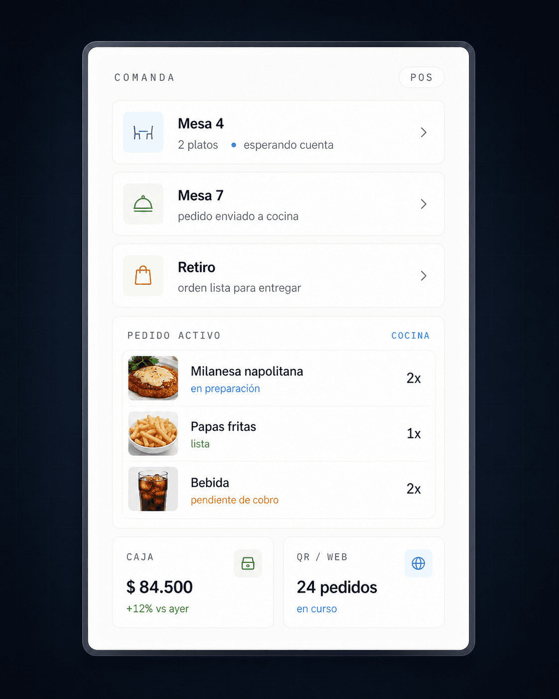 Vista de Comanda con mesas activas, pedido en cocina con platos identificados (milanesa, papas, bebida), totales de caja del día y pedidos QR/Web en curso.